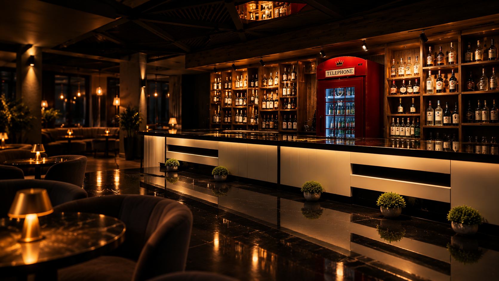 Podium Bar-дың жарықтандырылған бар сөресі мен қызыл телефон будкасы